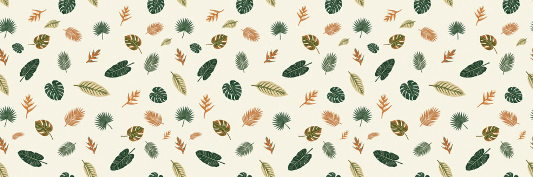 Boho painted leaf repeating pattern with a vintage stamped effect on beige background