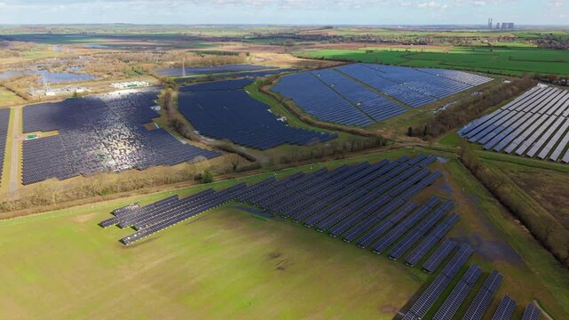 Aerial drone view of Tiln Farm solar array and co-located battery energy storage system BESS in the UK