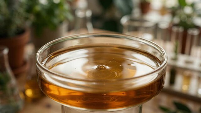 Plant derived chemistry green syrup ripple glass bowl and glass cup amber botanical extract infused golden liquid wooden table with laboratory