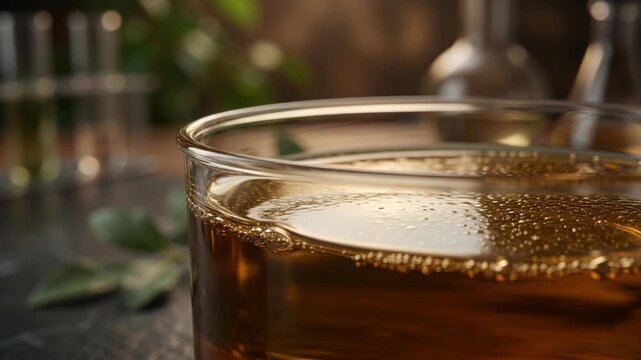Plant derived chemistry green amber infusion in glass bowl and beaker with bubbling surface tension, botanical extract, warm laboratory atmosphere