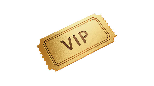 Gold ticket showing VIP status for an event in a venue, highlighting exclusivity and special access for guests isolated on transparent background cut out