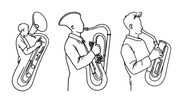 Tuba player set with continuous line drawing of a person playing a tuba featuring minimalist musical art, single black stroke, white background with line art and illustration