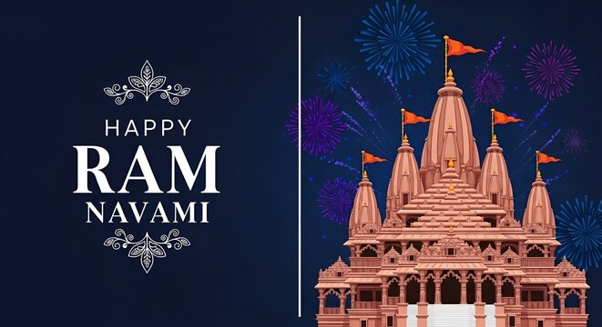 Happy ram navami greeting card with a stylized illustration of a hindu temple in warm colors
