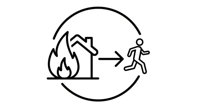 Fire evacuation icon showing a person running from a burning house.