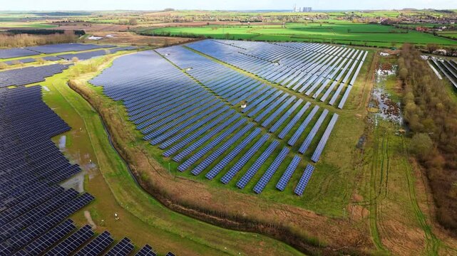 Aerial view of Tiln Farm solar array and agrivoltaics in Nottinghamshire UK