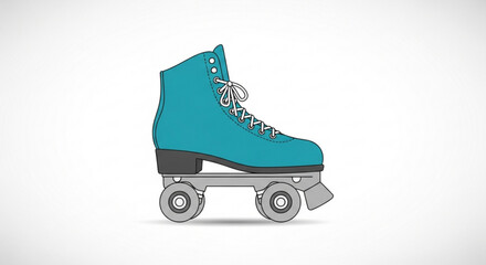 Teal roller skate with white laces on gray wheels isolated on white background for recreational and sports concepts