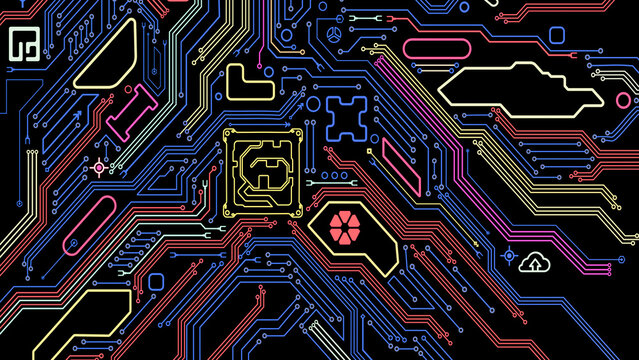 Glowing Electronic Microcircuit Abstract Background. Top view. 3D illustration