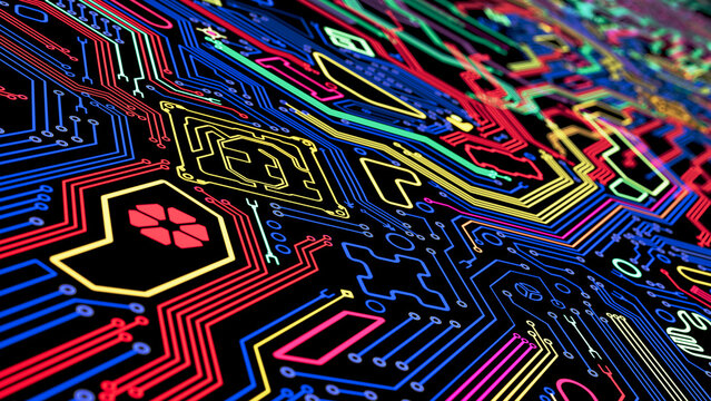 Glowing Electronic Microcircuit Abstract Background with depth of field. 3D illustration	