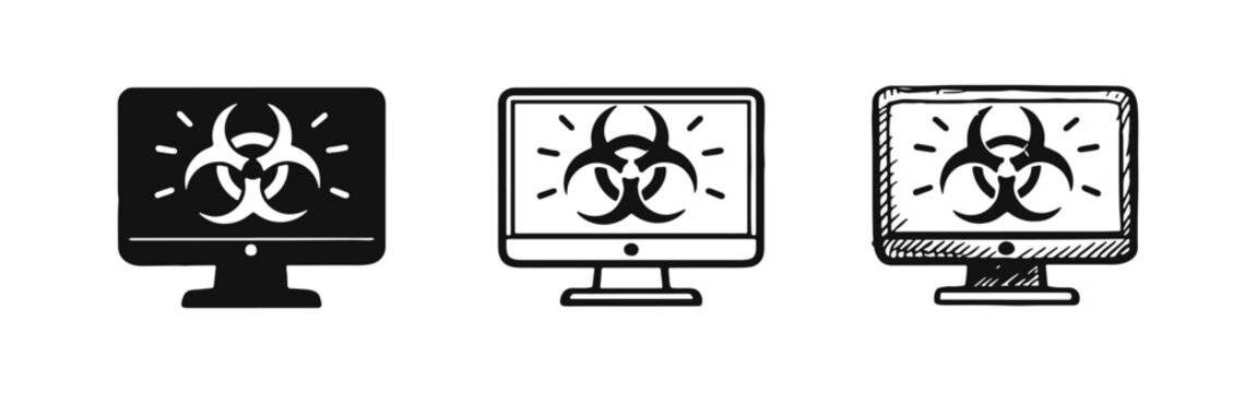 Computer Monitor with Biohazard Symbol Icon Set - Digital Threat, Virus, and Cybersecurity Warning