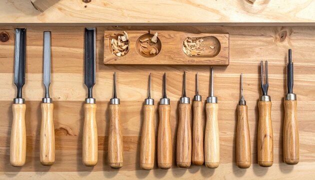 An overhead view of a diverse collection of wood chisels and carving tools neatly arranged on a rustic wooden workbench, accompanied by fine wood shavings.