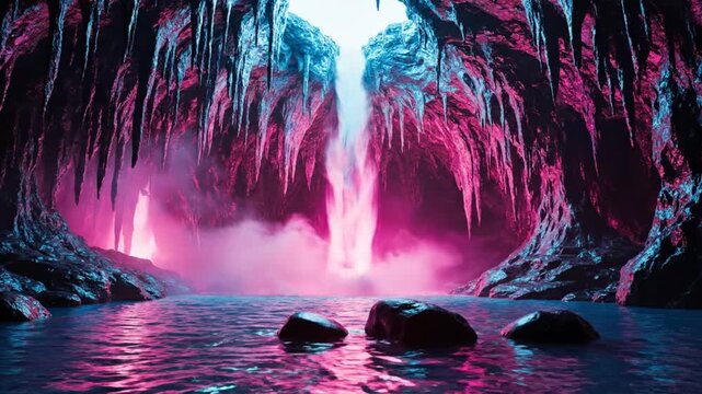 Enchanting cave with vibrant waterfall flowing into serene pool, surreal pink and blue lighting illuminates mystical cavern walls and stalactites with gentle water motion