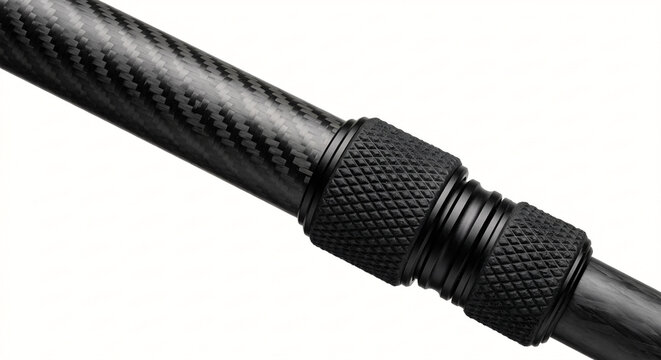 Macro Close-up of Carbon Fiber Tripod Leg with Diamond Textured Rubber Twist Lock Isolated on White
