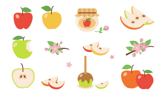 Flat Apple Set &ndash; Fruits, Slices, Blossom and Dessert Vector Collection