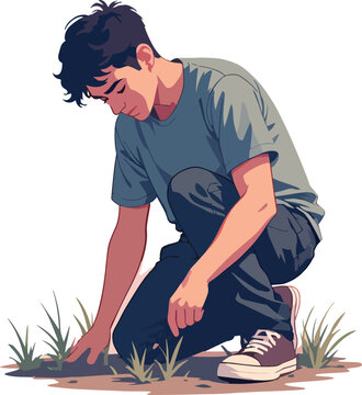 Illustrazione vettoriale di una persona inginocchiata con un ginocchio a terra e sguardo basso. Concetto di riflessione, preghiera, umilt&agrave;, rispetto o momento emotivo intenso.