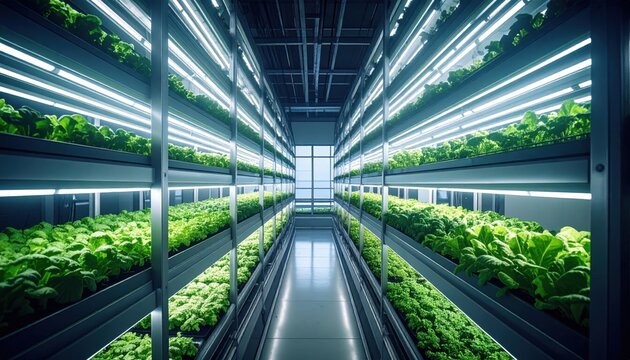 High-tech vertical farm showcases efficient indoor crop cultivation with multiple illuminated levels of fresh produce, optimizing space for sustainable agriculture.