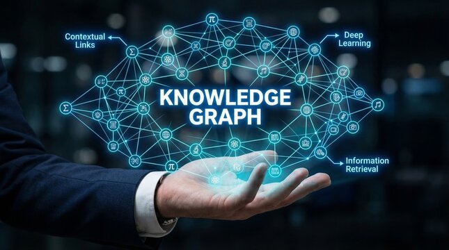 Businessman presenting a knowledge graph with interconnected nodes and links