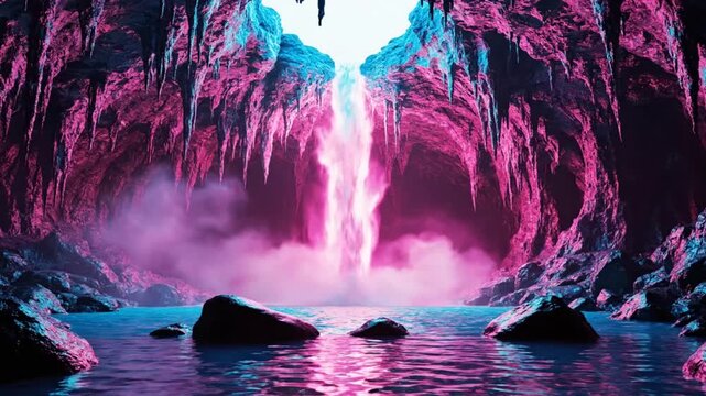 Magical cave waterfall glowing with vibrant pink and blue neon light illuminating mystical water and rock formations with ethereal mist creating surreal fantasy landscape
