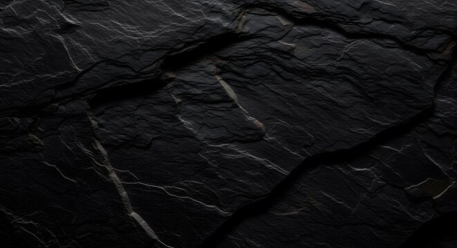A high resolution close up view of the rough and dark textured surface of natural black slate rock
