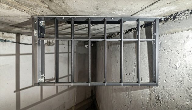 Metal grate installation over a basement ventilation shaft in a concrete structure