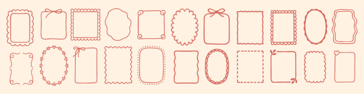Frame hand doodle with border whimsical ribbon for oval round handdrawn. Wedding bow wavy with frame cute square for squiggle kid birthday. Menu antique frame with funky border line.