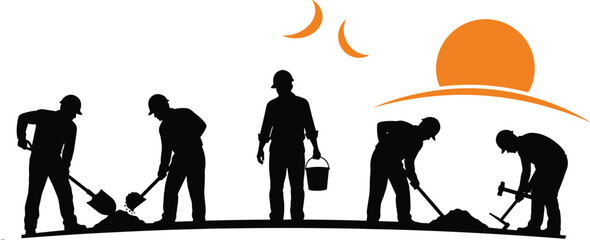 Construction worker silhouette team working at sunset or sunrise with shovels and tools for manual labor industrial building site and professional workforce development concepts. © MdShoyaib