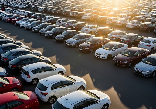 Vast car park filled with rows of new vehicles, illuminated by the golden light of dawn or dusk, ready for distribution