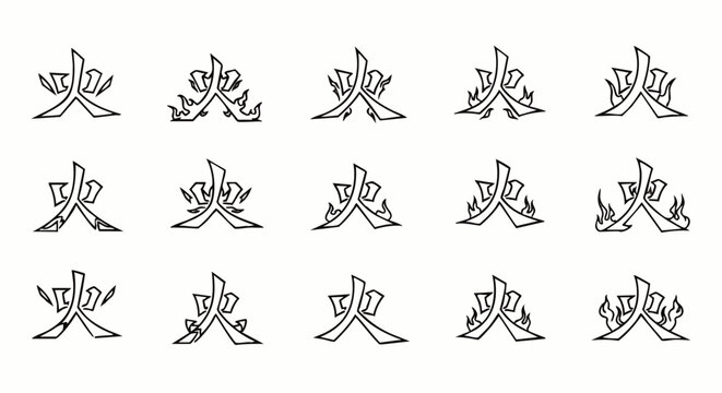 Set of stylized Chinese character for 'fire' with flame elements. Vector graphic icons for Asian culture, typography, and design projects.