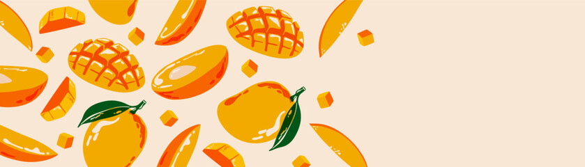 Obraz premium Mango background. Tropical banner with ripe fruits pattern, organic mangoes for wrapping, wallpaper and fabric, exotic fruit ornament for label design. Vector abstract print