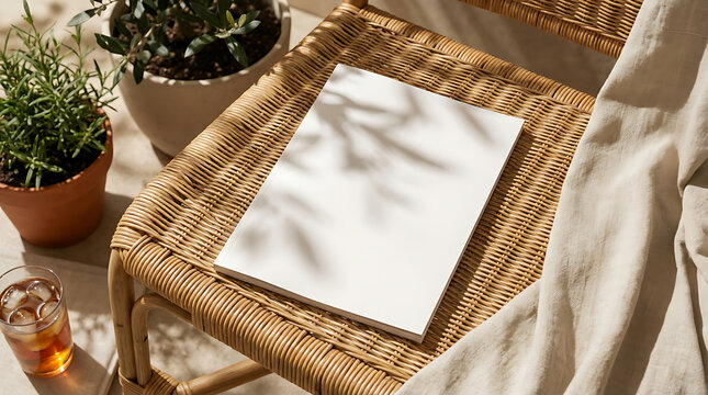 Mockup of a blank magazine cover on a rattan chair with a drink