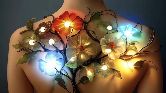 Glowing Flowers on Human Back with Ethereal Light and Energy