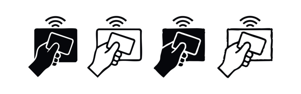 Hand using a contactless payment card or access card, NFC icon set.