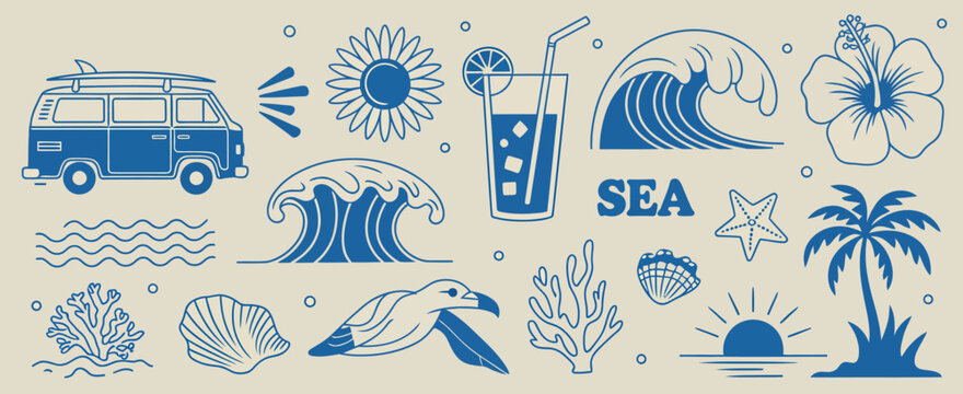 Tropical stickers vector set, bold hand-drawn icons, surfboard, turtle, camper van, rough sea waves, palm tree, cocktail, sunset, summer, beach, travel, flat vector illustrations for apps, websites,