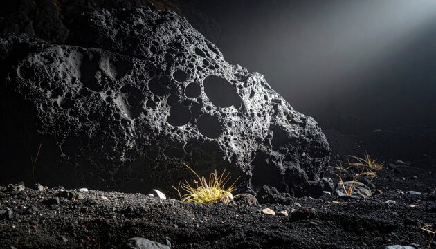 Dense dark volcanic rock with trapped gas bubbles and sharp fractures, featuring a resilient yellow spiky growth on a desolate ground.