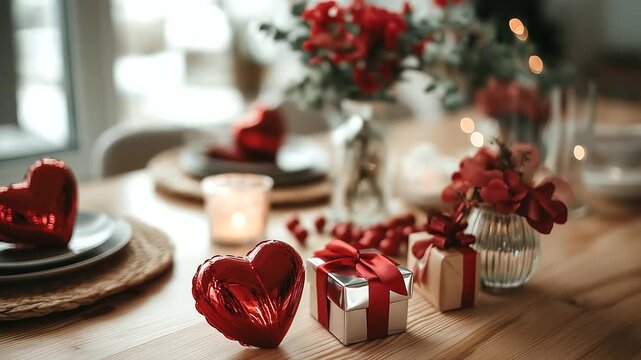 Valentine's Day celebration romantic table setup, festive environment from aerial view, cozy home decoration, love and affection theme, hearts and gifts arrangement, overhead