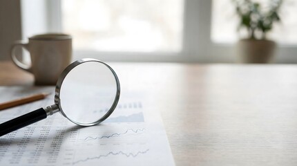 Fototapeta premium Magnifying glass over financial charts of data analysis business research market trends and investment decision making with copy space