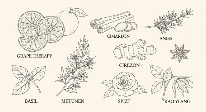 Vector Line Art Doodles of Culinary Herbs and Botanical Elements