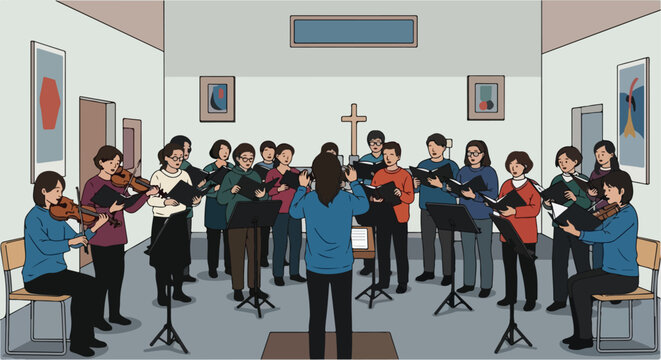 A choir and violinists practice in a room with art and a cross