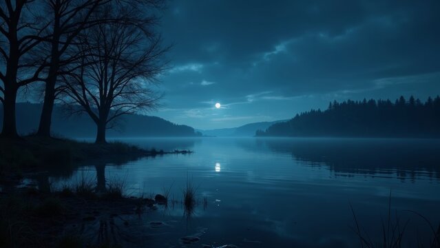 Moon night on the lake, a solitary tree bending over the moon scene