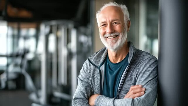 Very fit senior man smiling in gym, radiating vibrant health, fitness for seniors concept, elderly male wellness, mature athletic joy, active aging display, faceless older man