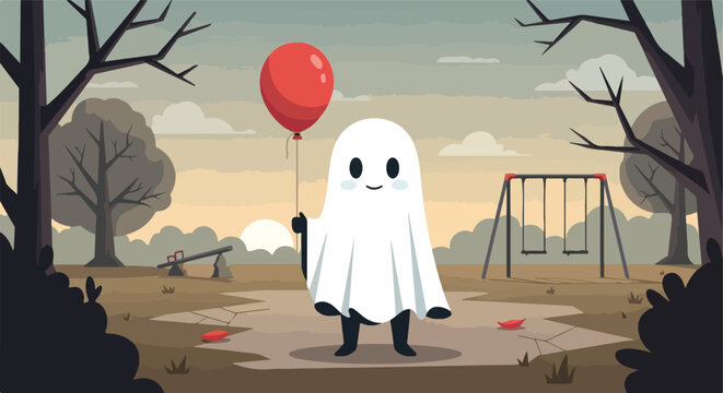 A cute ghost holds a red balloon at an abandoned playground