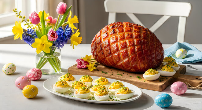 Easter ham with deviled eggs and colorful eggs on table