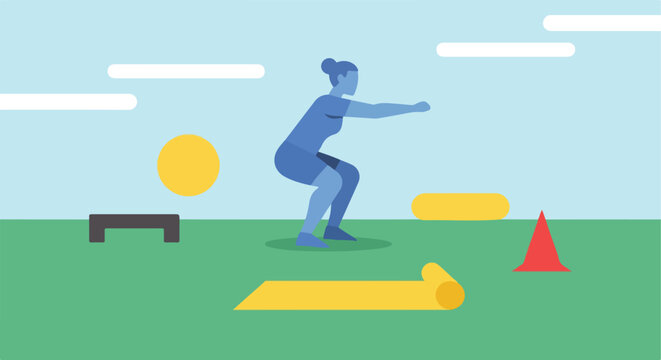 Person performing a squat exercise with various fitness props on a grassy field under a blue sky