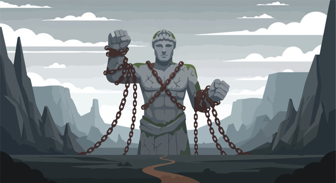 Colossal stone titan bound by heavy chains in a rugged mountain landscape