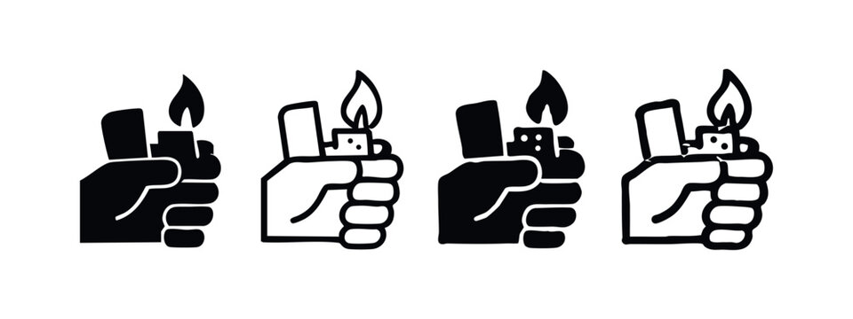 Hand holding a lit lighter icon set. Classic metal fluid lighter with a flame.