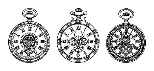 Fototapeta premium Pocket watch set with ornate Victorian line art design featuring gears, steampunk, Victorian with line art and white background