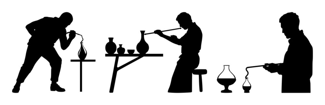 Glassblower silhouette set with solid black outline and blowpipe shaping molten glass featuring glassblowing, artisan work, molten glass with fire and furnace