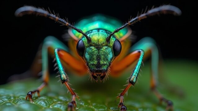 Green Orange Beetle Stopping at Green Leaf Macroscopic Scene