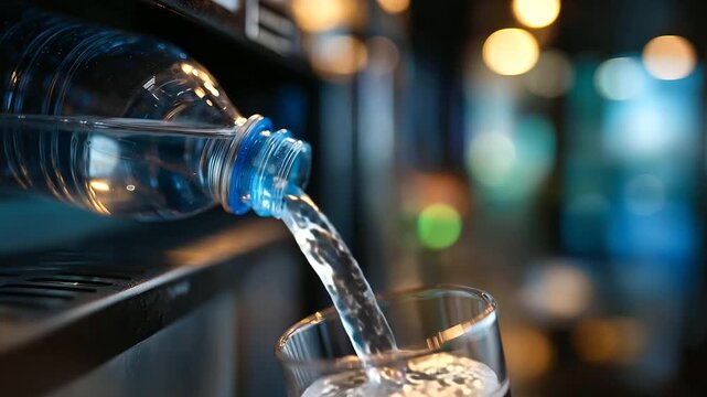 Water flowing from vending machine into plastic bottle, bottle refill moment, drinking water dispensing, hydration station operation, water pouring scene, defocused filling