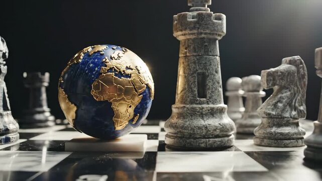 Global Strategy Chessboard With Globe As Game Piece.