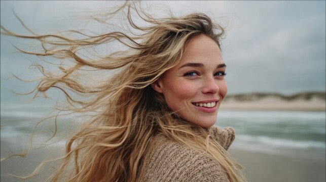 Young woman smiling turning toward camera on windy beach shoreline